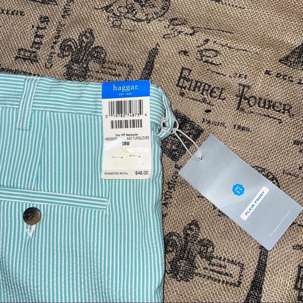 Haggar NWT! Seersucker Cool18 Turquoise/White Striped Short Size 38W - Picture 8 of 12